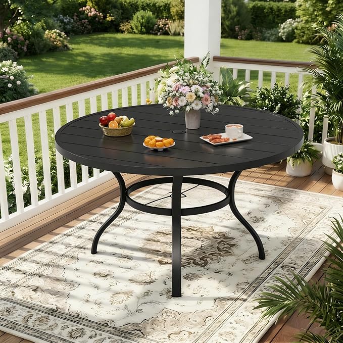 Patio Dining Table, 53" x 53" Outdoor Round Metal Table with1.57 Umbrella Hole, for Backyards, Porches, Gardens or Poolside, Black