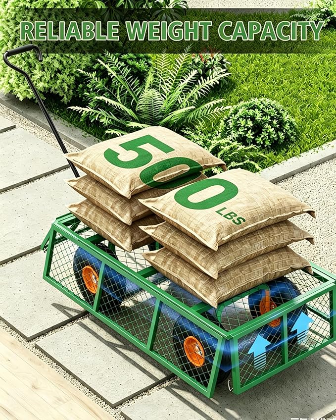 Garvee Steel Garden Cart, 500 LBS Capacity Utility Outdoor Wagon, Heavy Duty Mesh Garden Metal Wagon with Removable Sides, Flexible Handle for Yard, Lawn, Garden