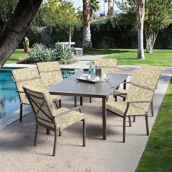 DYTXIII Outdoor High Back Chair Cushions Set of 2, 44"x22" Water Repellent Patio Seat Cushions with Elastic Sponge, All Weather Chair Pads for Rocking, Dining Chairs, Patio Furniture - Tropical Oat