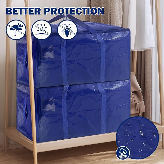 8 Pack Extra Heavy Duty Large Moving Bags with Strong Zipper & Carrying Handles, Sturdy Clothes Storage Bags Totes Bins, Packing Bag Move Boxes College Moving Supplies, Dark Blue - 24 gal