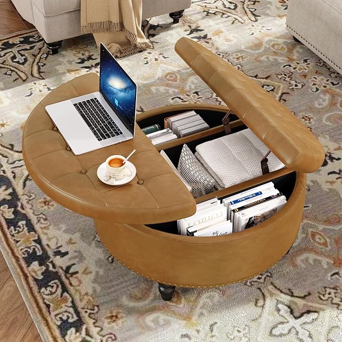FiveWillowise 31.5 Inch Large Round Ottoman with Storage Circular,Camle | Leather Coffee Table with Lift Top,Modern Upholstered Button Tufted Footrest Stool Solid Wood Legs for Living Room,Bedroom