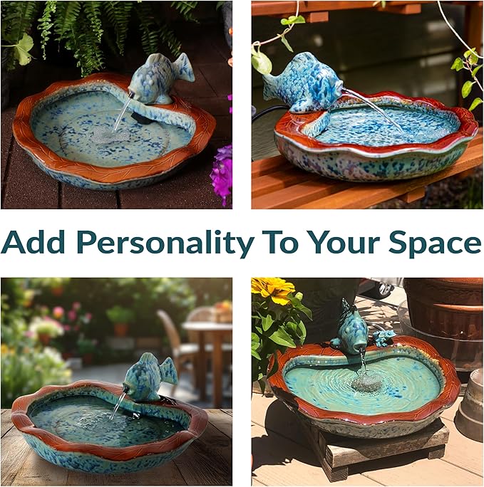 Sunnydaze Glazed Ceramic Fish 7-Inch Outdoor Garden Fountain - Outdoor Tabletop Fountain for Patio, Deck, Garden - Aqua and Brown