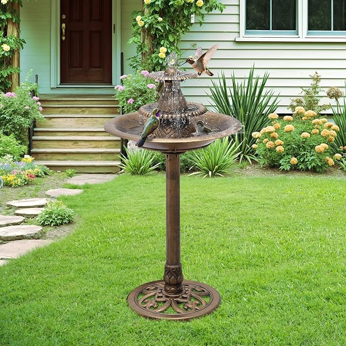 Athena Collection 37'' Height Bird Bath Vintage Pedestal Birdbath Electric Water Fountain with Recirculating Pump Polypropylene Floral Accents 3 Tier Birdbath for Outside, Patio, Garden, Bronze