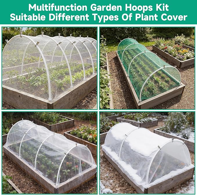 Greenhouse Garden Hoops for Raised Beds Plant Cover Netting, 36pcs PVC Adjustable Garden Hoop with 20 Clips for Shade Cloth Net, Rust-Free Green House Hoops Grow Tunnel Plant Hoop Support DIY Frame
