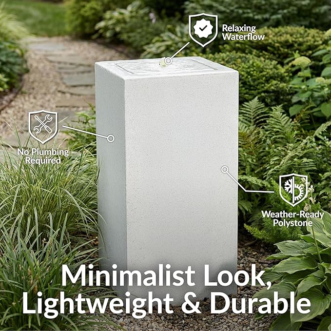 Sunnydaze Outdoor Water Fountain with LED Light - Modern Rectangle Bubbler Water Feature with Pump - 29.5" H - for Patio, Garden, Deck, Relaxation and Stress Relief - Fog