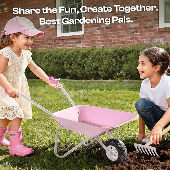 ROBUD Kids Wheelbarrow with Gardening Tools Set-9pcs Metal Toddler Wheelbarrow, Garden Tools, Watering Can, Plant Labels– Child Outdoor Toy for Ages 3+, Christmas Birthday Gifts for Boys Girls(Pink)