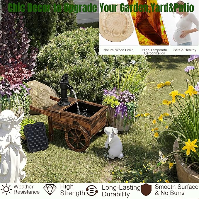 NestNature Outdoor Water Fountain,Wooden Wagon Wheel Pump Old-Fashioned Fountain,Solar-Powered Electric Decorative Hand Pump, Outdoor Water Feature for Patio, Garden & Indoor Decoration
