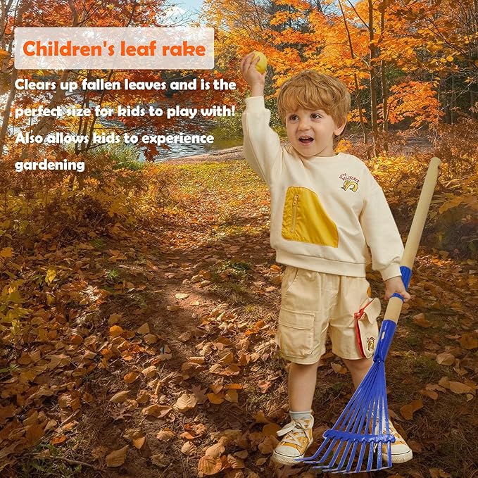 Kids Leaf Rake-Small Wooden Handle Leaf Rake with Metal Tines, 27inches /69cm Length, for Kids Enjoy Garden Cleaning Activities (Blue)