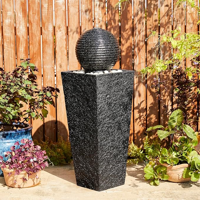 Glitzhome Outdoor Water Fountain, 40.25"H Modern Geometric Pedestal and Sphere Polyresin Waterfall Fountain, Outdoor Fountain with Pebbles, Pump and LED Light for Patio, Backyard, Garden, Deck(Black)