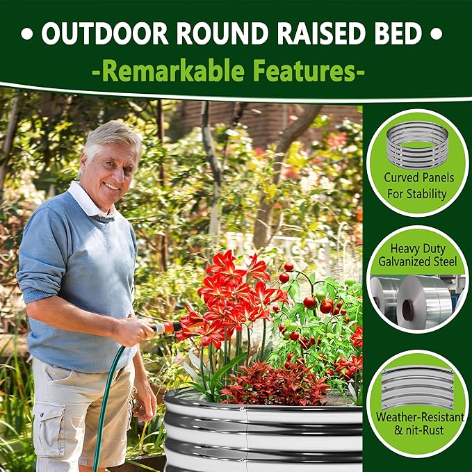 DIIYIV 3PCS 4x4x1FT Galvanized Raised Garden Bed Kit,Vegetable Boxes-Round Metal Flower Box,Large Planter Raised Beds Outdoor Garden for Planting,Fruit,Herb-Silver