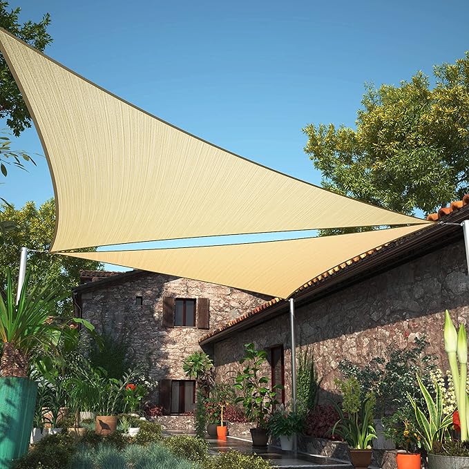 ShadeMart 16' x 16' x 16' Beige Sun Shade Sail UPF50 Triangle smTAPT08 Canopy Fabric Cloth Screen, Water Air Permeable & UV Resistant, Heavy Duty (We Customize Size)