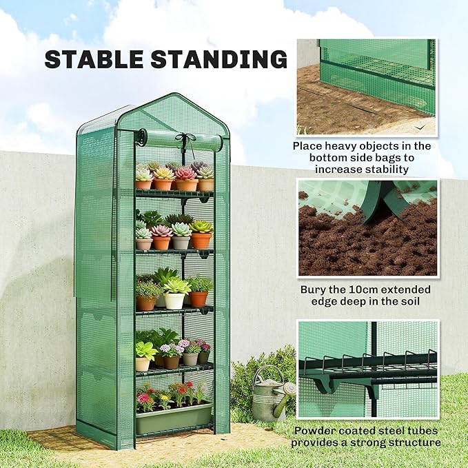 Outsunny 5 Tier Mini Greenhouse with Screen Roof, 27.6" x 19.7" x 75.6", Portable Small Greenhouse with High Strength PE Cover, Roll-Up Zipper Door for Garden Yard Backyard, Green