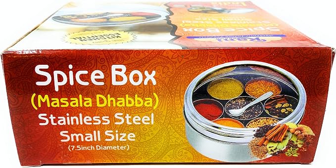Rani Spice Box Stainless Steel Transparent Round Storage For Spices (Masala Dabba) 7 Compartments, with spoon (9.2in x 3in) ~ Packed in an attractive box, perfect for gifts!