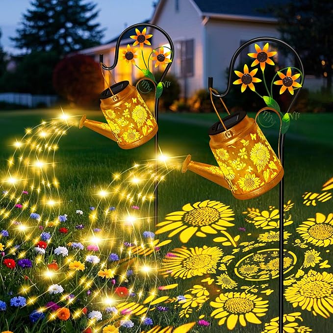 ostritec Sunflower Solar Watering Can Lights, Outdoor Waterproof Garden Lanterns with Shepherd Hook, Solar Garden Decor for Yard Outdoor Landscape Pathway, Gift for Women Mom Grandma, 2 Pack