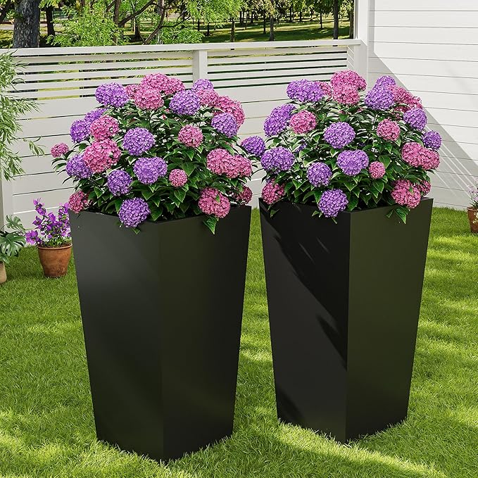 30 Inch Tall Self Watering Planters for Patio, Set of 2 Large Square PP Plastic Planters with Water Reservoir, Modern Floor Standing Self-Watering Pots for Indoor Outdoor Home Garden Decor, Black