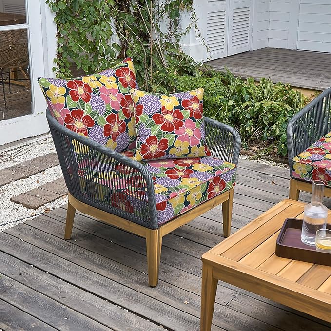 LVTXIII Outdoor Deep Seat Cushion Patio Seat and Back Cushion Set Seasonal Chair Cushion for Dining Arm Chairs, Wicker Chairs and Garden Furniture Decoration, 24"x24"x4", Flower Bloom