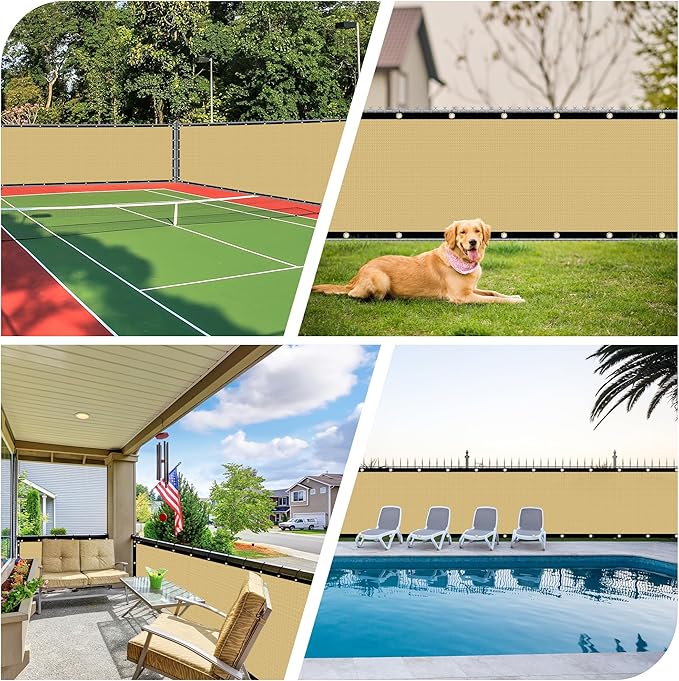 iCover 5x50ft Privacy Screen Fence, Outdoor Fencing Panels, Garden Windscreen Mesh Shade Sail Net Barrier, Fence Privacy Screen Reinforced Bindings and Brass Grommets Cable Zip Ties, Sand