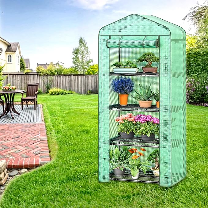HOMGARDEN 4-Tier Mini Greenhouse Portable Plant Flower Shelf Tent w/PE Cover Roll-Up Zipper Door for Lawn Patio Garden Indoor Outdoors