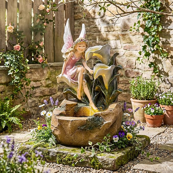 26-Inch Outdoor Water Fountain, Garden Flower Fairy Resin Waterfall Fountain with LED Light, Elegant Fantasy Outdoor Water Feature for Backyard, Lawn, Deck, Patio, Balcony in Pink, Gift Ideas
