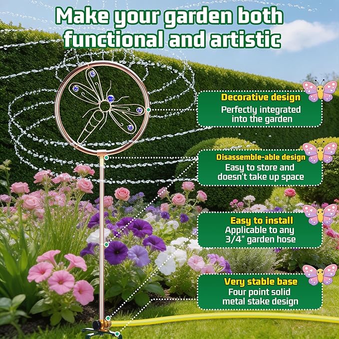 34" Tall Copper-Coated Stainless Steel Garden Sprinkler, 360° Rotating Decorative Ornamental Sprinkler for Lawn, Yard & Landscape Watering (Dragonfly)
