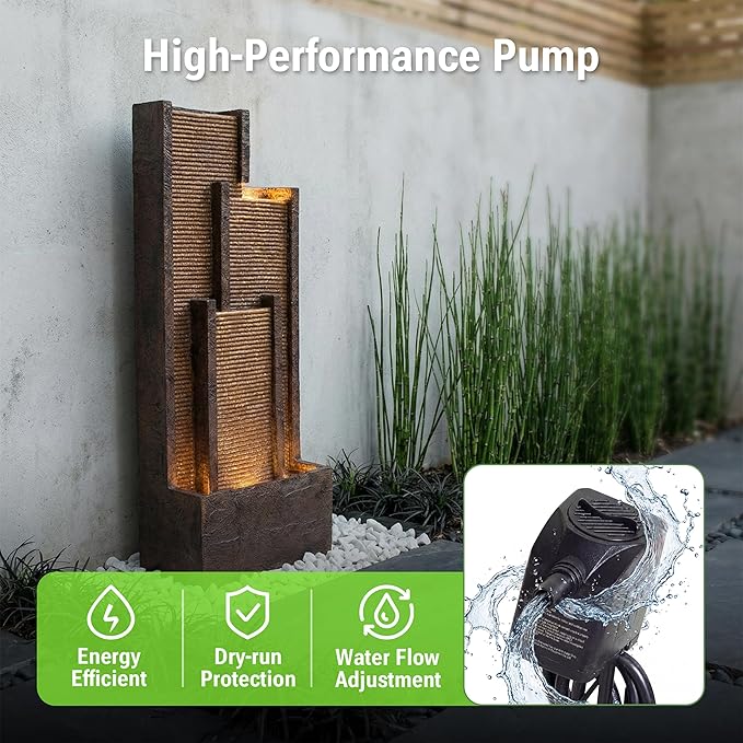 40-Inch Outdoor Water Fountain, Indoor & Outdoor Resin Waterfall Fountains with Soothing Water Sound & 4 Warm LED Lights, Home Art Decor for Garden, Patio, Yard, Porch, Deck, Balcony in Brown