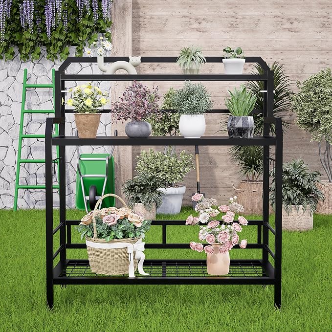 Outdoor Metal Potting Bench Table with Storage,3-Tier Heavy Duty Garden Workbench,All-Weather Gardening Table with 4 Side Hooks,18" D x 39" W x 32" - 47" H,Black