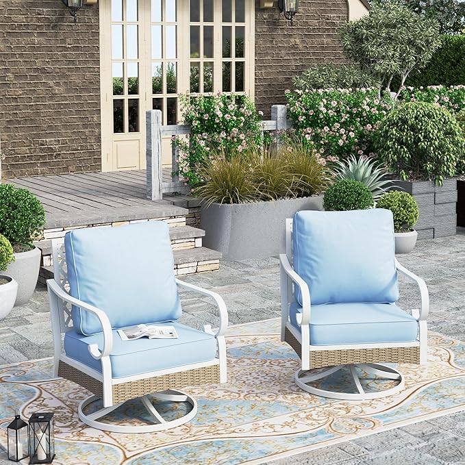 HERA'S HOUSE Swivel Outdoor Patio Chairs Set of 2 with Cushions, High Back Metal Frame, All Weather Garden Furniture for Lawn, Backyard, Deck, Blue