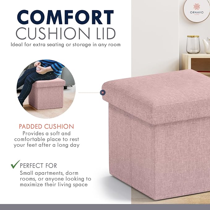 Ornavo Home Small Square Storage Ottoman, Set of 2, 12x12x12, Pink | Foldable Collapsible Linen Cube Design; Foot Rest Stool Seat; Ideal for Living Room, Bedroom, Home Office or Dorm