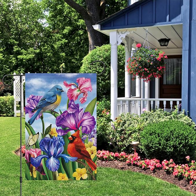 Louise Maelys Welcome Spring Summer Garden Flag 12x18 Double Sided Vertical, Burlap Small Cardinal Birds Irises Floral Yard House Outside Outdoor Seasonal Holiday Decoration