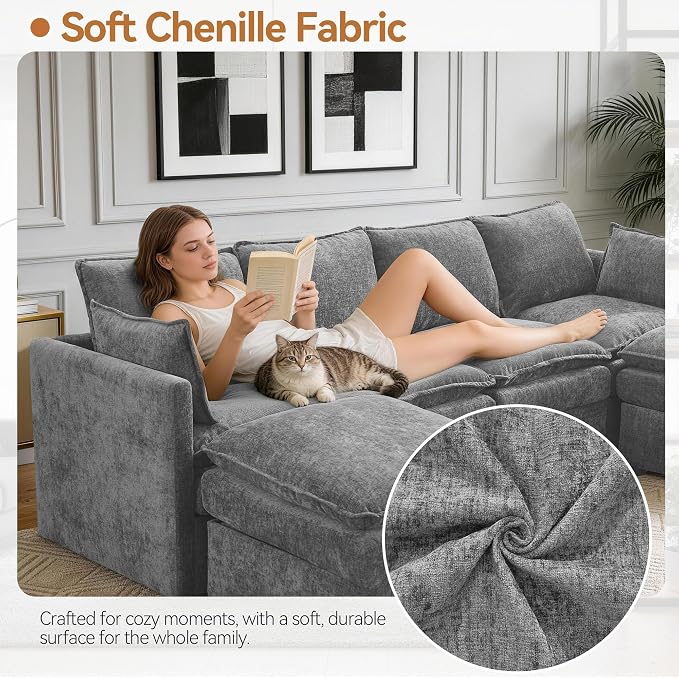 80" Modular L Shaped Storage Sofa with Ottoman, Cloud Sectional Sofa with Hidden Storage, Modern Chenille Couch with Ottoman for Living Room, Light Grey