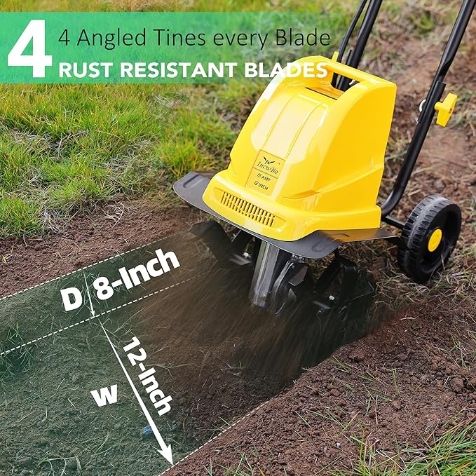 IncwBo Electric Tiller/Cultivator 4 Steel Tines, Garden Roto Tillers for Gardening, 15Amp 12 Inch Corded Rototiller with Adjustable Wheels