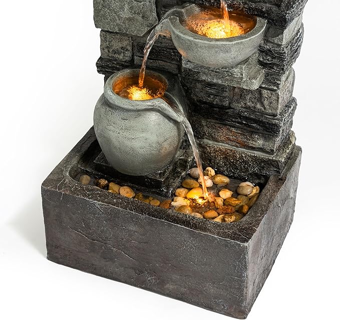Teamson Home Outdoor 28.5 4 Tier Cascading Bowl Stacked Stone Fountain Yard Décor Gray