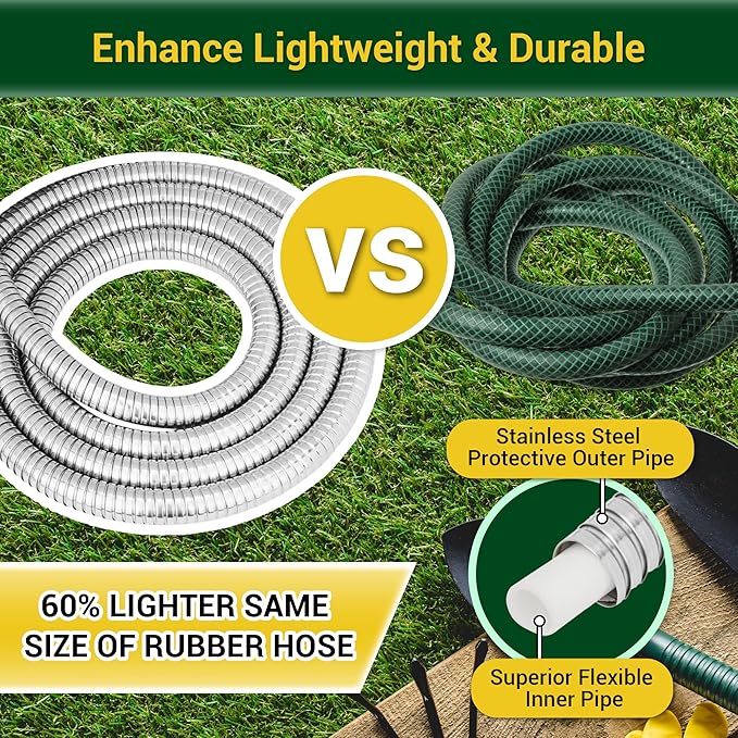 Garden Hose - Water Hose 75 FT with Swivel Handle & 8 Function Nozzle, Flexible, Heavy Duty, No Kink, Lightweight Metal Hose for Outdoor, Yard, 304 Stainless Steel