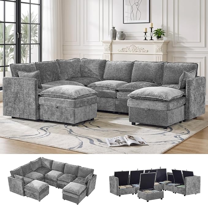105" Storage V-Shaped Modular Sectional Sofa with 2 Ottomans, Light Grey
