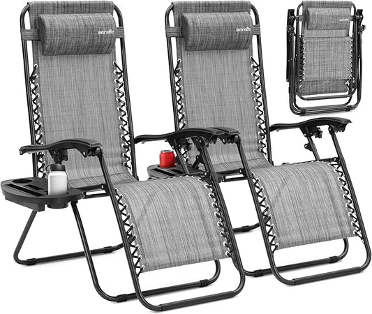 SereneLife Zero Gravity Chairs Set of 2 - Adjustable Steel Mesh Lawn Chairs - Outdoor Lounge Chairs with Detachable Cup Holder Tray - Foldable Outdoor Chair with Removable Pillows - Grey