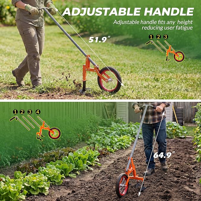 Walensee 2-in-1 Manual Wheel Hoe Garden Cultivator, Push Plow with Adjustable Long Handle 51.9–64.9 in, Dual Tools for Soil Loosening & Weeding, Heavy Duty Steel Frame, Lawn & Garden Tiller
