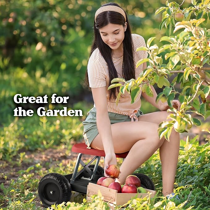 Gardening Stool - Rolling Garden Seat with Wheels and Storage Tool Tray - Garden Cart Scooter - Yard Tools by Pure Garden (Red and Black)