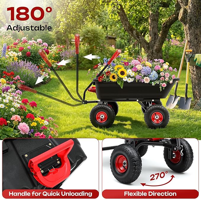 Autodaya 1200lbs Garden Dump Cart,7 Cu.Ft Utility Wagon Cart with Hitch,Heavy Duty Yard Dump Wagon Wheelbarrows with 13" All Terrain Wheels & 2-in-1 Handle,Tow Behind for Lawn Mower Tractor ATV