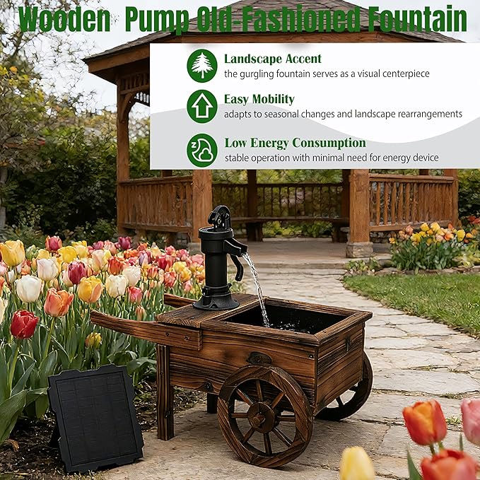NestNature Outdoor Water Fountain,Wooden Wagon Wheel Pump Old-Fashioned Fountain,Solar-Powered Electric Decorative Hand Pump, Outdoor Water Feature for Patio, Garden & Indoor Decoration