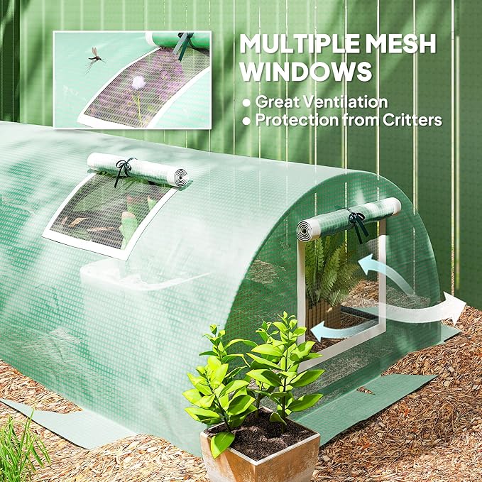 Outsunny 10' x 3' x 2' Mini Greenhouse with 5 Mesh Windows, Portable Plant Hot House with PE Cover, Steel Frame, for Garden Backyard, Green