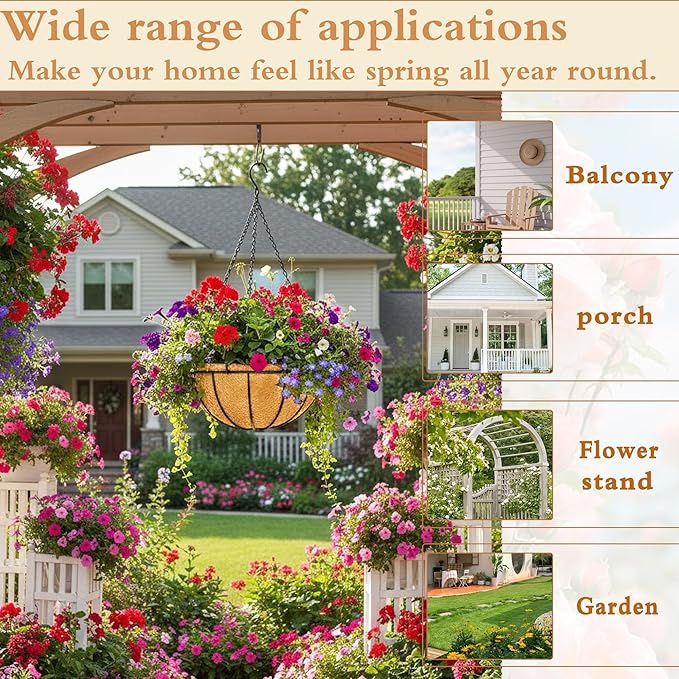 2 Pack 12" Round Metal Hanging Basket for Outdoor Plants Durable Large Hanging Planter with Coco Coir Round Plant Holders Planter for Outside Garden Decoration(Watermelon)