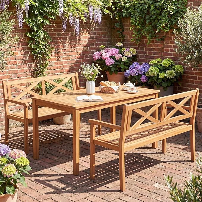 Tangkula Acacia Wood Outdoor Loveseat Bench, 2-Person Patio Garden Bench with Armrests & Backrest, Slatted Wooden Outside Seating Furniture for Backyard, Porch, Deck (X-Shaped Backrest)
