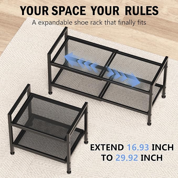 Expandable Shoe Rack for Closet, Entryway, 2-Tier Shoe Storage, Black