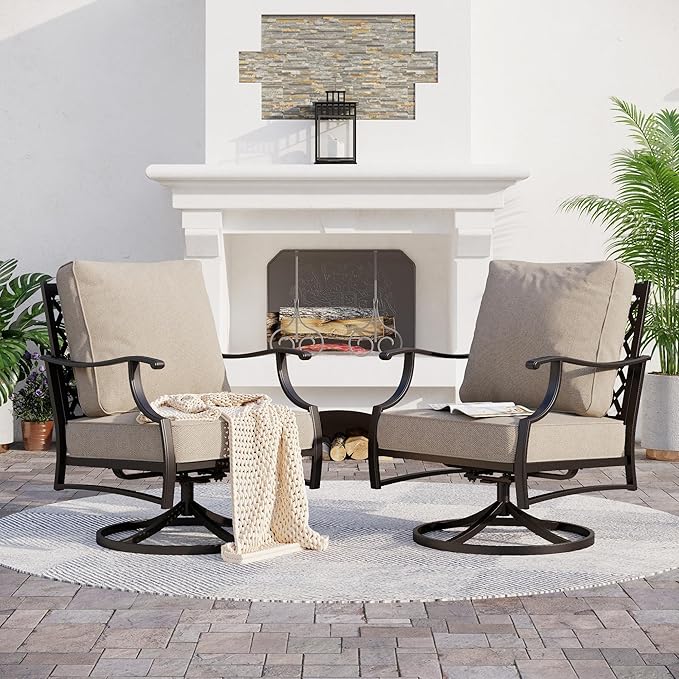 SUNSHINE VALLEY Metal Frame Outdoor Patio Swivel Chairs Set of 2 with 5.75" Extra Thick Cushion, 2 Piece High Back Swivel Patio Chairs Outdoor Furniture Seating for Deck Balcony Front Porch, Beige