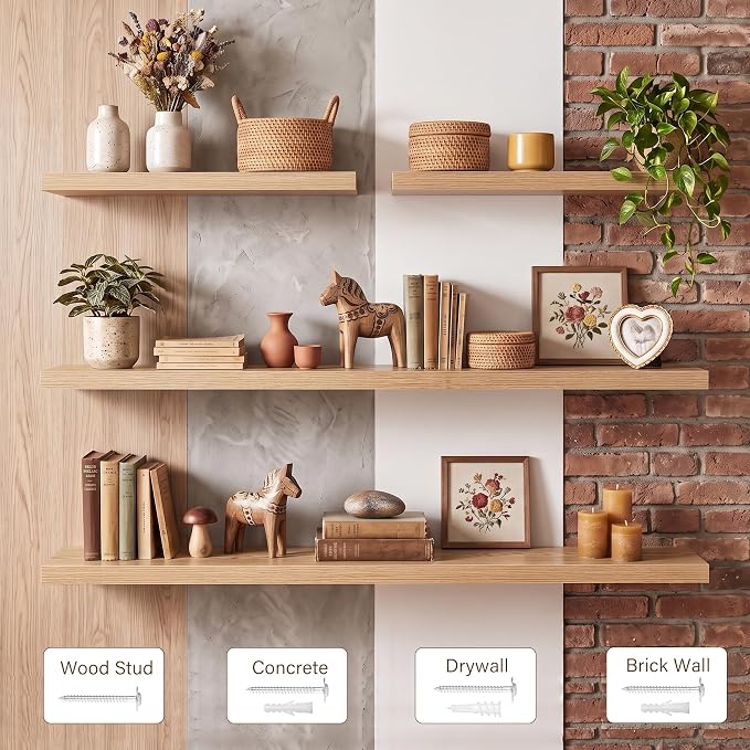 Acovy 48x8in Floating Shelves 2 Pack, Wall Mount Display Shelf, Light Brown | Invisible Brackets, 35lb Sturdy MDF, 48in Long, Easy Install, For Bedroom, Bathroom, Living Room, Kitchen & Office