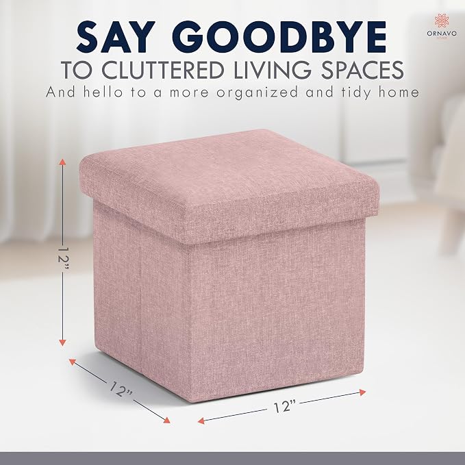 Ornavo Home Small Square Storage Ottoman, Set of 2, 12x12x12, Pink | Foldable Collapsible Linen Cube Design; Foot Rest Stool Seat; Ideal for Living Room, Bedroom, Home Office or Dorm