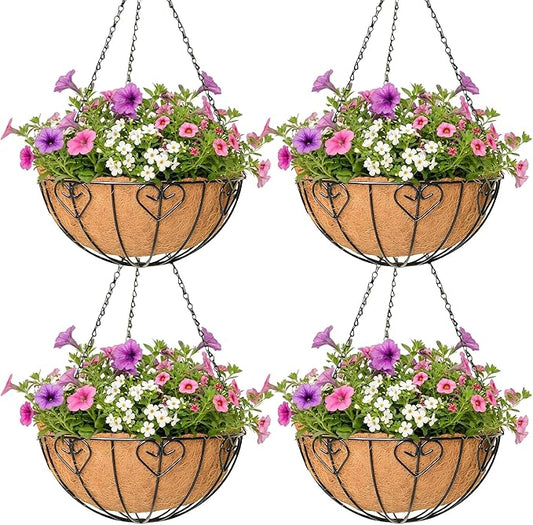 4 Pack Hanging Planter for Outdoor Plants 12 inch Metal Hanging Flower Basket with Coco Coir Liner Round Wire Plant Holder Chain Flower Pots Outdoor Garden Decoration Watering Hanging Baskets（AX）