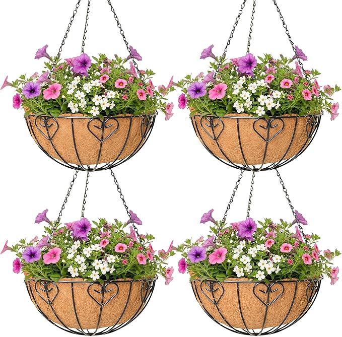 4 Pack Hanging Planter for Outdoor Plants 14 inch Metal Hanging Flower Basket with Coco Coir Liner Round Wire Plant Holder Chain Flower Pots Outdoor Garden Decoration Watering Hanging Baskets（AX）