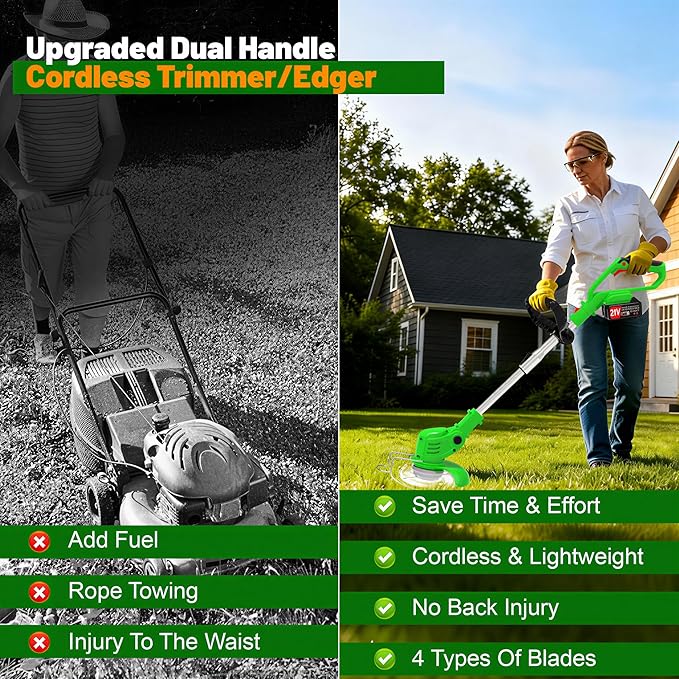 Cordless Weed Wacker Electric Stringless Eater 21V Battery Powered Lightweight Portable Weed Trimmer, 3-in-1 Lawn Edger/Grass Trimmer/Brush Cutter with 4 Types Blades & Wheels for Yard and Garden