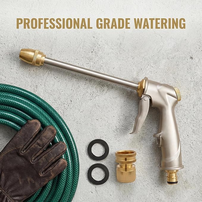 Garden hose nozzle spray, heavy metal high-pressure water gun, rotating can obtain different types of spray, watering plants and lawn, car washing, yard and pets (Long nozzle set)